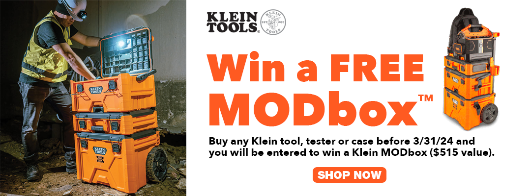 Buy any Klein Tool, Tester or Case and be entered to win a Klein ModBox ($515 value). Promo ends 3/31/24.