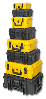 ArmaCase waterproof cases in black and yellow and are empty, or have padded dividers or full foam